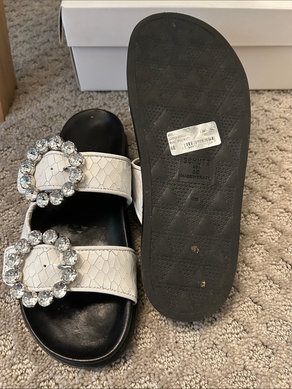 SCHUTZ White Crystal Buckle Double-Strap Sandals - Picture 2 of 2